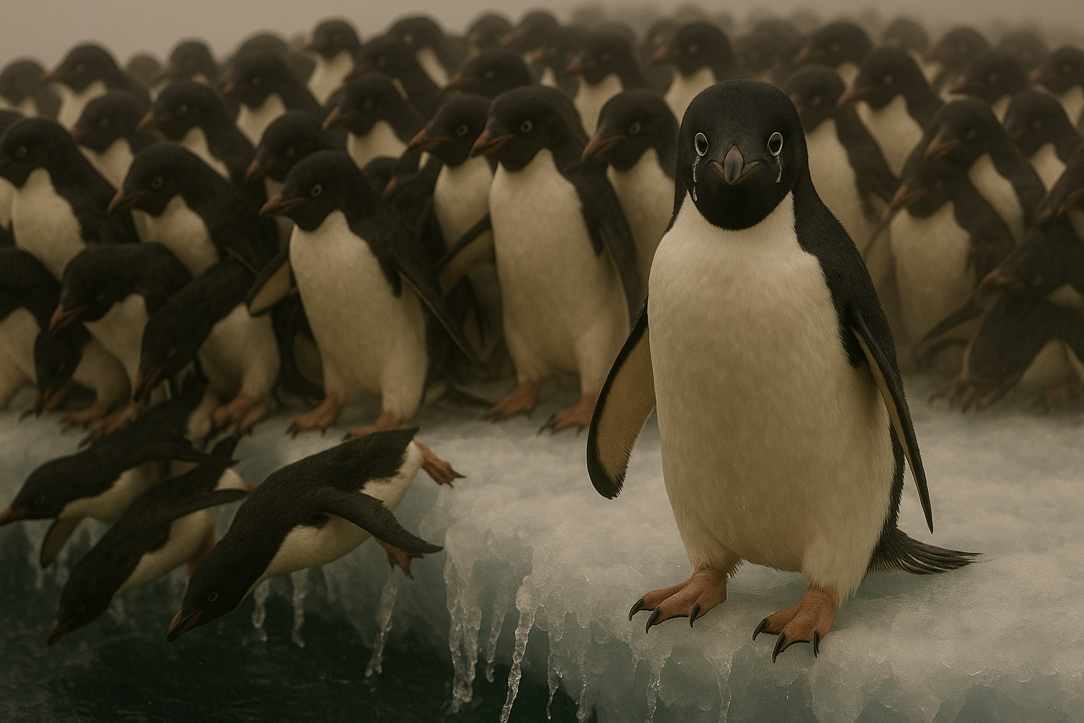 Desperate penguins squeaking for help as their icebergs crumble